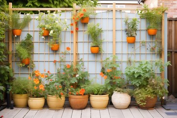 Fototapeta na wymiar wooden trellis with climbing plants in containers