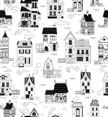 Seamless pattern of line art house cottage vector. Outline Hand drawn town mansion building on white background for print, fabric, wrapping paper, wallpaper, textile, cover