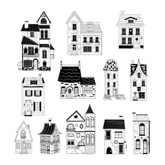 Vector set of doodle outline cottage houses. Line art City Mansion architecture building illustration isolated on white background