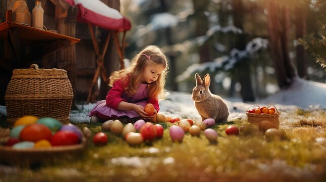 A beautiful little girl of European appearance in a pink blouse is sitting on the street next to a small Easter bunny and colorful Easter eggs