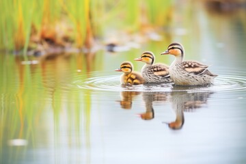 a family of ducks swimming in a line in a marsh pond - Powered by Adobe
