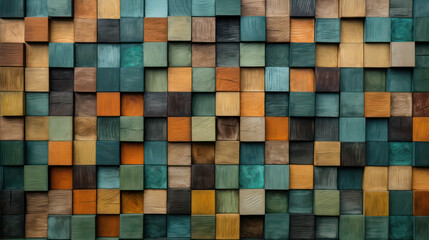 Textured background pattern of different types of wooden squares and vary colours, greens, Brown, orange and pastel blue - obrazy, fototapety, plakaty