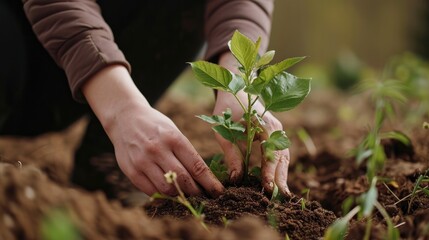 Fototapeta premium Let's plant trees. Let's do something about global warming. A seedling of a tree planted in good soil. Generative AI