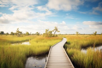 a boardwalk trail winding through a lush wetland reserve - obrazy, fototapety, plakaty