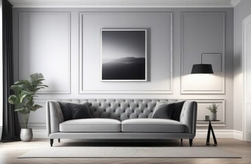 Grey walls and grey colored sofa in modern living room,light from the window.