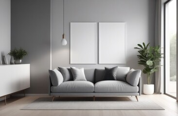 Mock up - Grey wall and grey colored sofa in modern living room,light from the window.