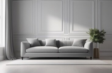 Empty grey wall and grey colored sofa in modern living room,light from the window.Mock up conception.