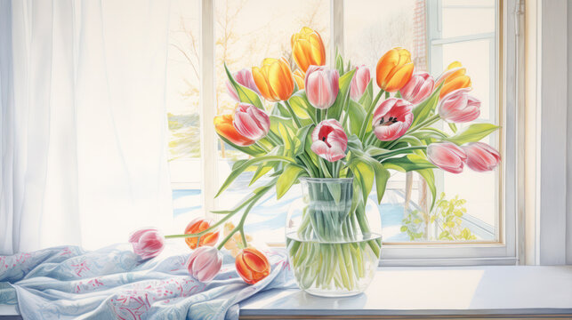 Pastel coloured tulips in vase with bright background