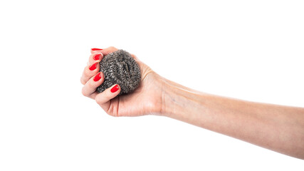 Metal kitchen sponge in the hand isolated on a white background