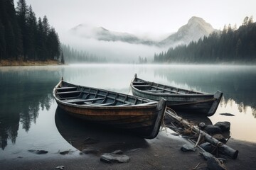Fototapeta na wymiar Wood boating on lake in the snowy mountain. Generate AI image
