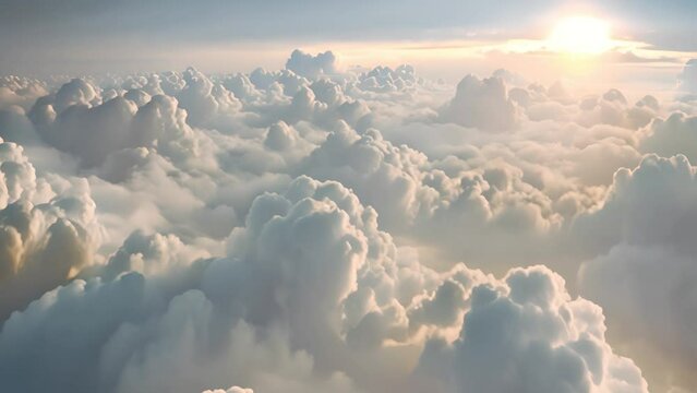 Above white clouds. Flying through heavenly beautiful sunny cloudscape. Amazing timelapse of white fluffy clouds moving softly on the sky and the sun shining above the clouds with beautiful rays and l