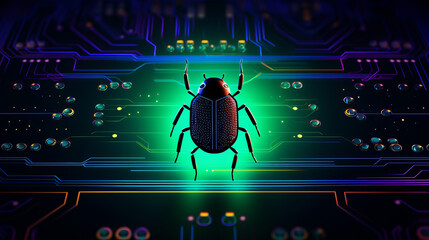 Neon glowing computer bug perched on microchip symbolizing threat of software bugs and elusive nature of zero day vulnerabilities in software security, critical bug in computer software, top view