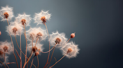 Close-up view of dreamy, dandelion heads with soft neutral background