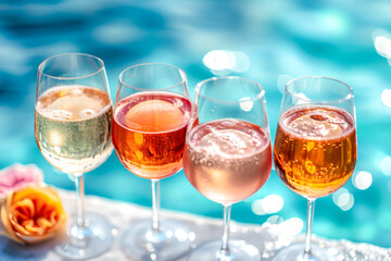 Spa resort composition with row of wine glasses with varying shades of rose and white wine on marble bar in swimming pool. Concept of summer holidays, resort and relaxing. Close up