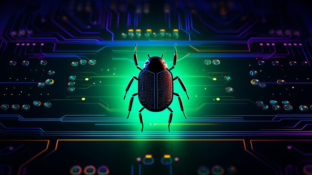 Neon glowing computer bug perched on microchip symbolizing threat of software bugs and elusive nature of zero day vulnerabilities in software security, critical bug in computer software, top view