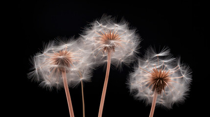 Close-up view of dreamy, dandelion heads with soft dark background