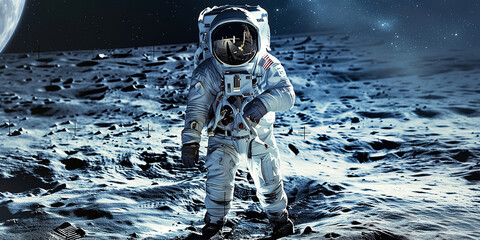 Astronaut on the surface of the moon - obrazy, fototapety, plakaty