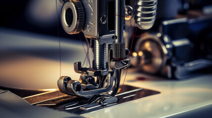Fototapeta premium Close-up shot of sewing machine needle with defused light and kitchen blurred background