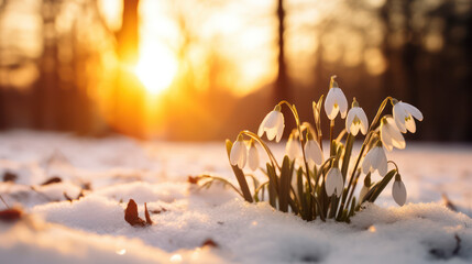 Close-up view of snow drops in snow next to tree with low setting sun, illustrating, early signs of spring