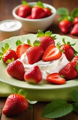 Dessert with fresh strawberries and sour cream on a plate. Sweet berry summer dessert. Blurred wooden background