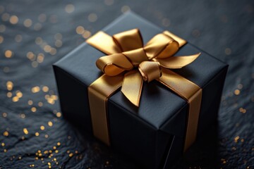 Symbol Of Elegance Featuring A Black Gift Box Adorned With Gold Ribbon. Сoncept Luxurious Gift Giving, Elegant Packaging, Black And Gold Theme, Classic Elegance