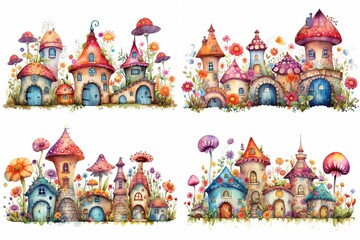 watercolor cartoon illustration collection set, fairytale flower house, small village, isolated on white background, idea for sticker and junk journal clipart, Generative A