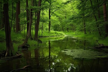 A Symbolic Lake In A Forest Represents The Effect Of Human Actions On Nature. Сoncept Nature Conservation, Ecological Impact, Sustainable Living, Environmental Awareness, Harmony With Nature