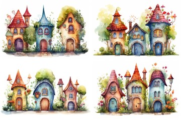 watercolor cartoon illustration collection set, fairytale garden house, isolated on white background, idea for sticker and junk journal clipart, Generative A