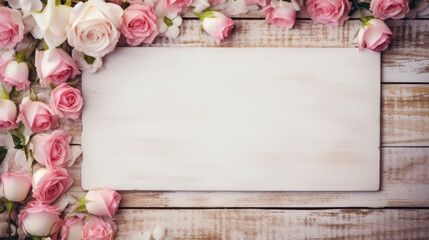 Valentine's Day rustic frame, Distressed white wooden boards, framed by pink roses, empty centre space for text