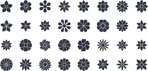Vector black silhouette flowers icons. Set of buds editable stroke. Various spring and summer blossom flowers. Rose, sunflower, forget-me-not, chamomile. Stock illustration on white background - 712303376