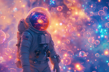 Astronaut Exploring A Vibrant Bubblefilled Galaxy On A Distant Planet Pop Art Inspiration. Сoncept Space Travel, Vibrant Galaxies, Bubble-Filled Planets, Astronaut Exploration, Pop Art Inspiration