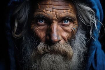 Dramatic Lighting: A Portrait Of An Indian Elder With Rain And Nature Background And Piercing Blue Eyes Against A Black Background