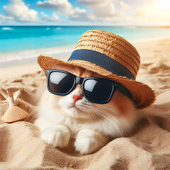 Amusing Cat in Hat and Sunglasses Relaxing on Sandy Beach on a Sunny Summer Day
