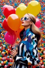 Fototapeta na wymiar The image features a woman with sunglasses and a striped jacket holding several balloons. She is surrounded by a sea of colorful balls.