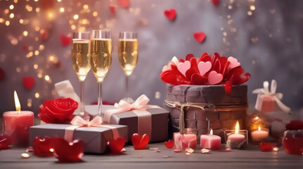 Gifts, glasses of champagne and hearts in lights, romantic background. Valentine's day holiday