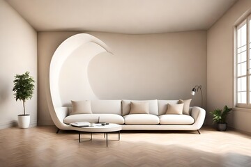 Design a minimalist modern living room with a curved half-white sofa positioned against an arched window, adjacent to a beige wall with ample copy space  