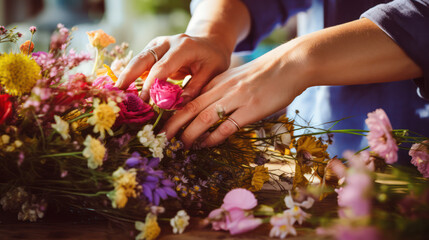 Close-up view of woman's hands, making flower arrangement 
