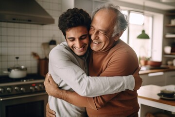 An Indian ethnic young man affectionately hugs his father at home