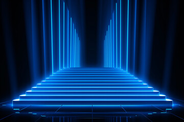 3D Blue Neon Podium with Glowing Stairs