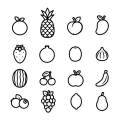 Set of Line art Fruits and Berries Icons Vector Illustrations. Orange, Pineapple, Peach, Mango, Strawberry, Pomegranate, Kiwi, Fig, Watermelon, Cherry, Apple, Banana, Blueberry, Grapes, Lemon, Avocado