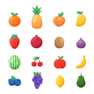 Set of Colorful Fruits and Berries Vector Illustrations. Orange, Pineapple, Peach, Mango, Strawberry, Pomegranate, Kiwi, Fig, Watermelon, Cherry, Apple, Banana, Blueberry, Grapes, Lemon, Avocado