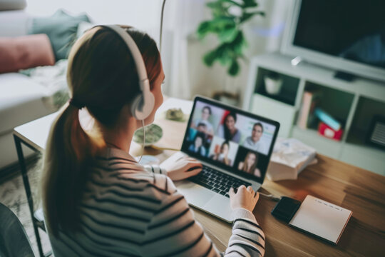 Female Professional Telecommuting With A Video Call From The Comfort Of Home. Сoncept Remote Work Productivity, Efficient Home Office Setup, Work-Life Balance, Video Conferencing Etiquette