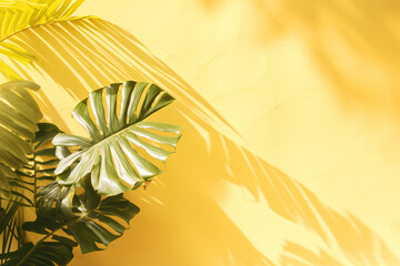Fototapeta na wymiar Sunlight Tropical Leaves, Vibrant Leaf Shadow on a Yellow Background