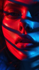 A vibrant portrait of a woman's face illuminated by the contrasting red and blue lights. Emotions and mindfulness concept. Generative AI