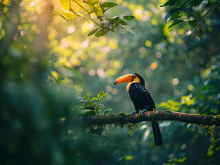Toucan on top of a distant log in the jungle