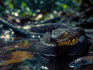 Fototapeta premium Black snake by the water in the jungle