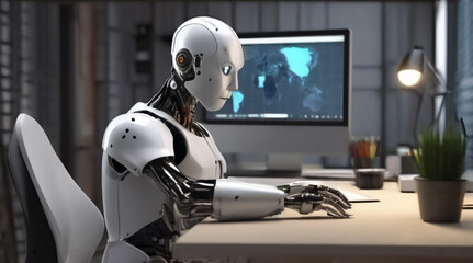 Robot cyborg sitting at a desk in the office, concept of new technologies and future