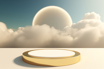 Realistic 3D Golden Podium with Clouds Background in a Circle. Evening Light
