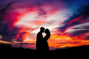 Romantic Couple Embracing In Front Of Vibrant Sunset Sealed With A Kiss. Сoncept Romantic Sunset Kiss, Vibrant Sunset Romance, Embracing Love, Couples Photoshoot, Sunset Romance