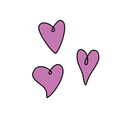 Set of pink hearts in doodles style on white background. Vector hand drawn clip art, decoration for Valentine's day, love romantic design